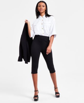 Bar III - Petite Solid Zipper-Hem Pont&eacute; Capri Pants