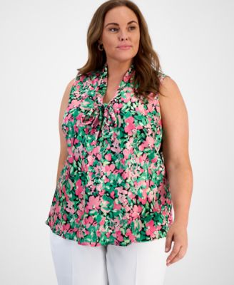 Kasper - Plus Size Tie-Neck Floral-Print Shell Top