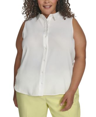 DKNY - Plus Size Button-Front Sleeveless Satin Blouse