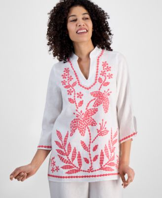 Charter Club - Petite Embroidered Linen Tunic, Exclusively at Macy's