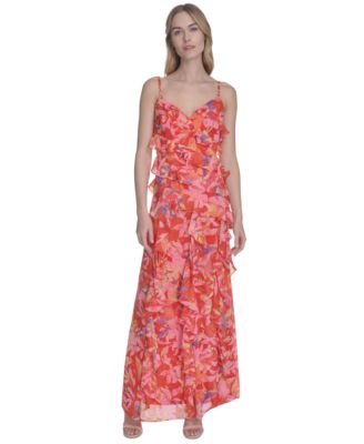 Eliza J - Women's Metallic-Clip Chiffon Asymmetric-Ruffle Dress