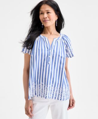 Style & Co - Women's Stripe Eyelet Flutter-Sleeve Top