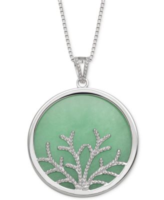 Macy's - Dyed Green Jade Round Disc Tree 18" Pendant Necklace in Sterling Silver