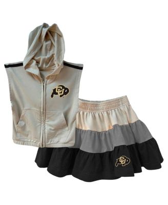 Wes & Willy - Girls Toddler Tan Colorado Buffaloes Tri-Blend Sleeveless Full zip Hoodie Tiered Skirt Set