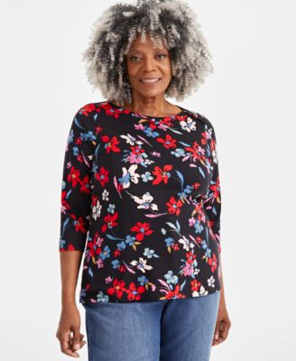 Style & Co - Plus Size Printed Cotton Boat-Neck 3/4-Sleeve Top
