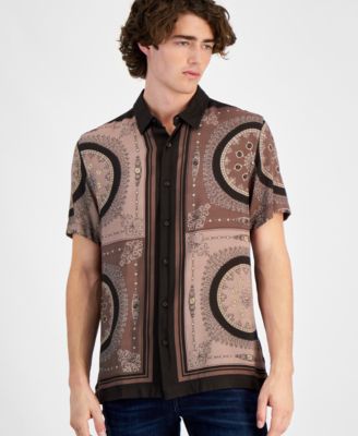 GUESS - Men's Short Sleeve Button Front Medallion Print Shirt