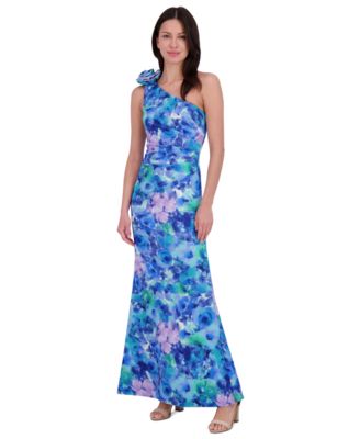 Eliza J - Petite Rosette-Shoulder Watercolor-Print Evening Gown