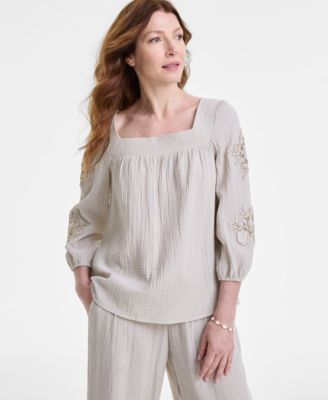 JM Collection - Petite Cotton Square-Neck Floral-Appliqu&eacute; Top