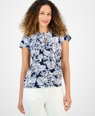 Jones New York - Petite Botanical-Print Keyhole Top