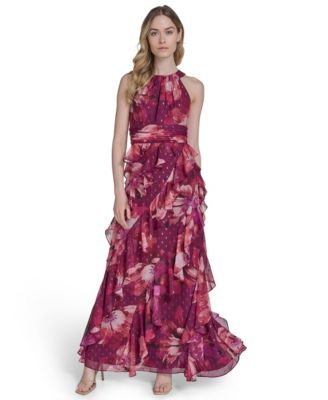 Eliza J - Petite Printed Chiffon Ruffled-Skirt Halter Gown