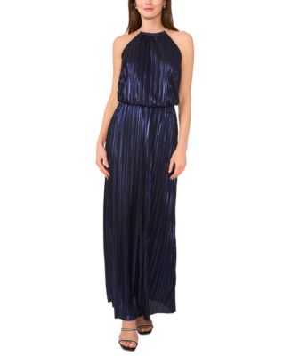 MSK - Women's Necklace-Neck Pleated Metallic Sleeveless Gown