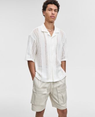 Mode of One - Men's Relaxed-Fit Textured Crochet Button-Down Camp Shirt