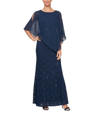 SL Fashions - Petite Round-Neck Sequin Lace Cape Dress