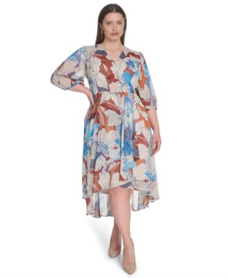 Calvin Klein - Plus Size 3/4-Sleeve Chiffon Midi Dress