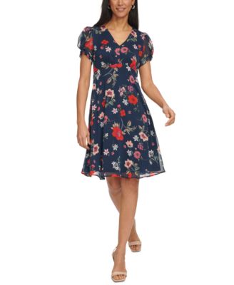Calvin Klein - Women's Printed Chiffon Tulip-Sleeve Dress