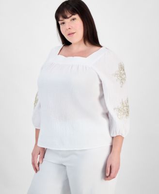 JM Collection - Plus Size Cotton Square-Neck Floral-Appliqu&eacute; Top