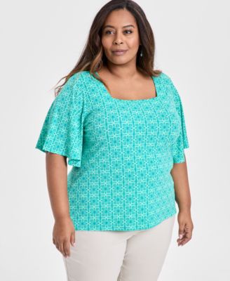 JM Collection - Women's Printed Square-Neck Short-Sleeve Top