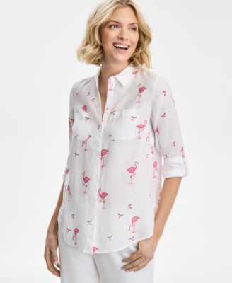 Charter Club - Women's Linen Flamingo-Print Roll-Tab Shirt