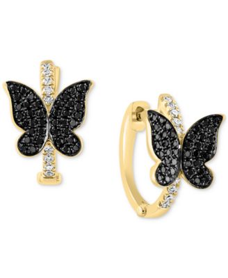 LALI Jewels - Black & White Diamond Butterfly Small Hoop Earrings (1/3 ct. t.w.) in 14k Gold