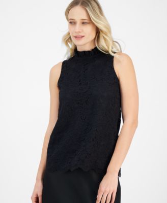 Anne Klein - Women's Bow-Back Ruffled-Neck Sleeveless Lace Blouse