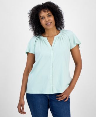 Style & Co - Petite Button-Front Flutter-Sleeve Top