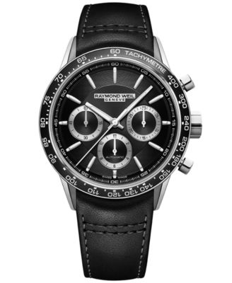 Raymond Weil - Men's Swiss Automatic Chronograph Freelancer Black Leather Strap Watch 44mm