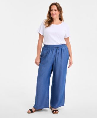 Style & Co - Plus Size Chambray Drawstring High-Rise Wide-Leg Pants