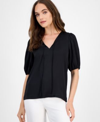Anne Klein - Women's Puff-Sleeve V-Neck Tie-Front Top
