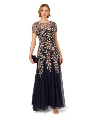 Adrianna Papell - Women's Vine Sequin Short Sleeve Mesh Gown