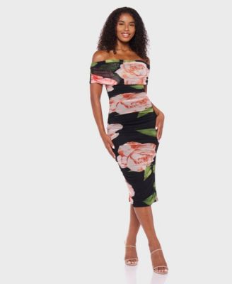 B Darlin - Juniors' Printed Mesh Off-The-Shoulder Midi Dress