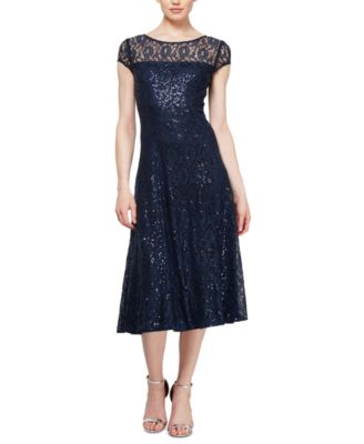 SL Fashions - Petite Sequined Lace Cap-Sleeve Dress