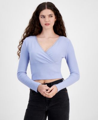 Sugar Moon - Juniors' Rib-Knit Picot-Trim Top