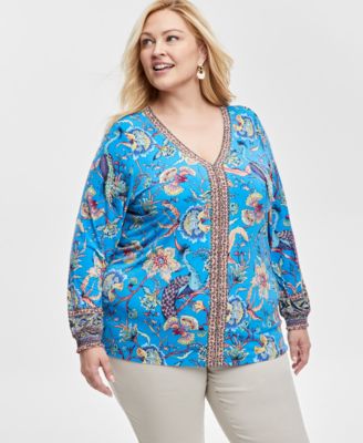 JM Collection - Plus Size Mirella Peacock-Print Blouson-Sleeve Top