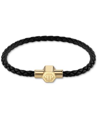 Philipp Plein - Men's Enigma Black Leather Bracelet in Gold Ion-Plated Stainless Steel