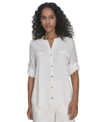 Calvin Klein - Petite Split-Neck Button-Front Shirt