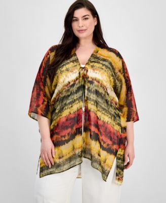 Anne Klein - Plus Size Open-Front Scarf-Print Kimono