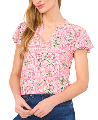 CeCe - Women's Shirred V-Neck Flutter-Sleeve Blouse