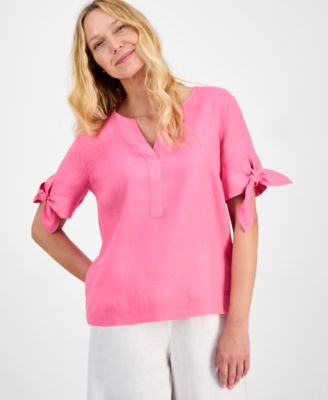 Charter Club - Plus Size Linen Solid Split-Neck Tie-Cuff Top