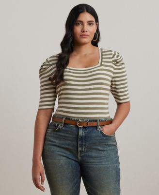 Lauren Ralph Lauren - Plus Size Striped Cotton Jersey Puff-Sleeve Tee