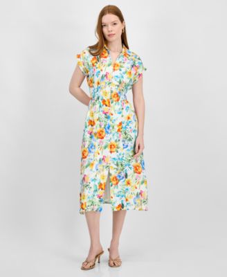T Tahari - Women's Collared V-Neck Cap-Sleeve Midi Dress