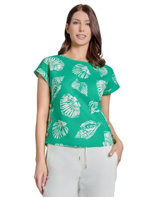 Jones New York - Women's Printed Linen-Blend Button-Trim Blouse