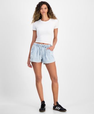 Indigo Rein - Juniors' Distressed Drawstring Denim Shorts