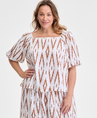 Vince Camuto - Plus Size Printed Square-Neck 3/4-Sleeve Blouse