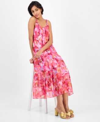 Robbie Bee - Women's Printed Braided-Trim Tiered Midi Dress