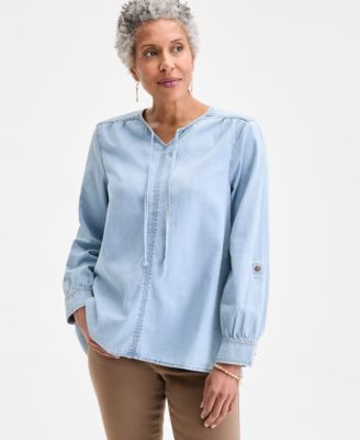 Style & Co - Petite Cotton Split-Neck Long-Sleeve Shirt