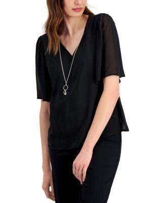 JM Collection - Women's Flutter-Sleeve Necklace Top