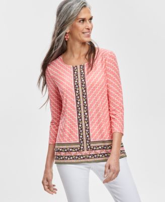 JM Collection - Petite Border-Print 3/4-Sleeve Top