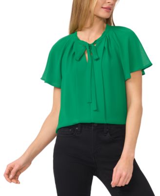 CeCe - Women's Raglan Flutter-Sleeve Pleated Bow Blouse