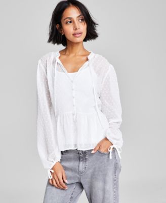 And Now This - Women's Clip-Dot Tie-Neck Button-Down Woven Blouse