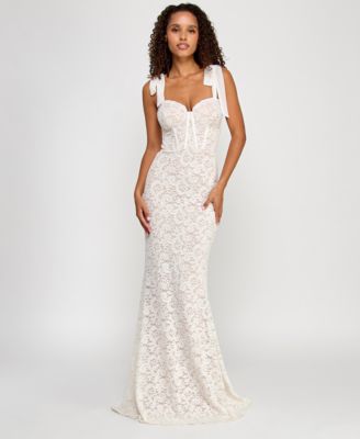 City Studios - Juniors' Glitter-Lace Tie-Shoulder Sweetheart Gown